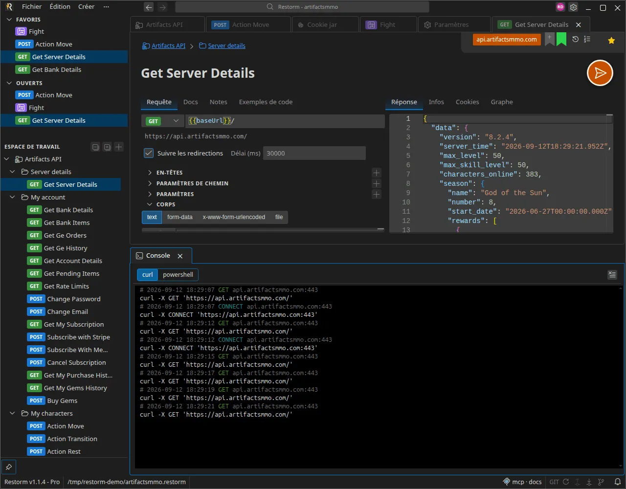 La console avec plusieurs appels capturés, chacun rendu en commande curl, et le sélecteur curl / powershell