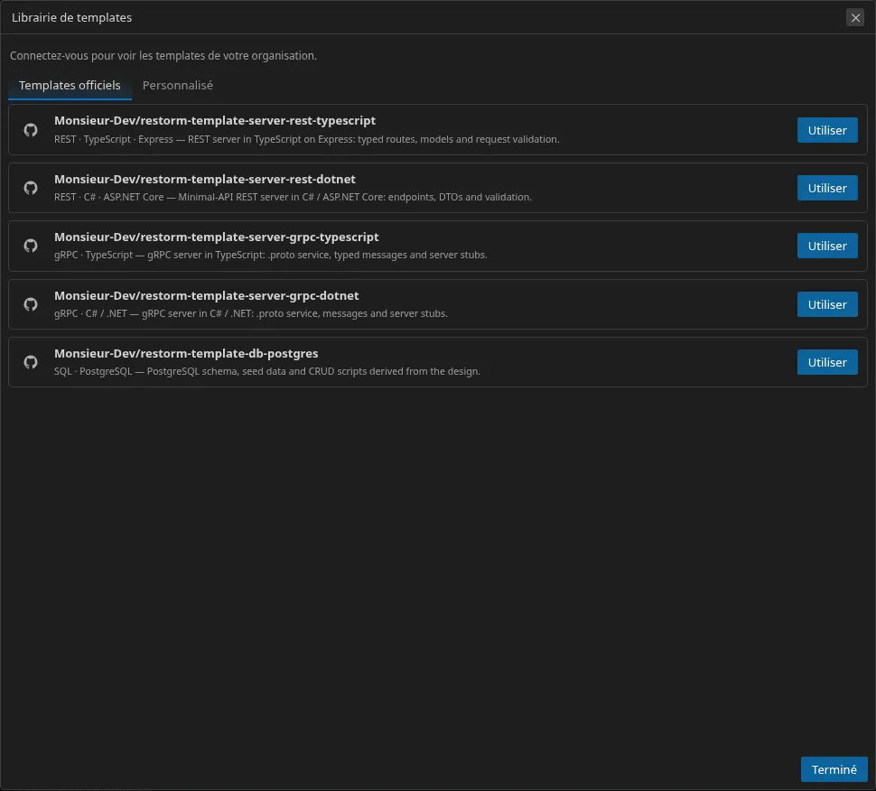 La bibliothèque de templates : les templates officiels, récemment utilisés et personnalisés