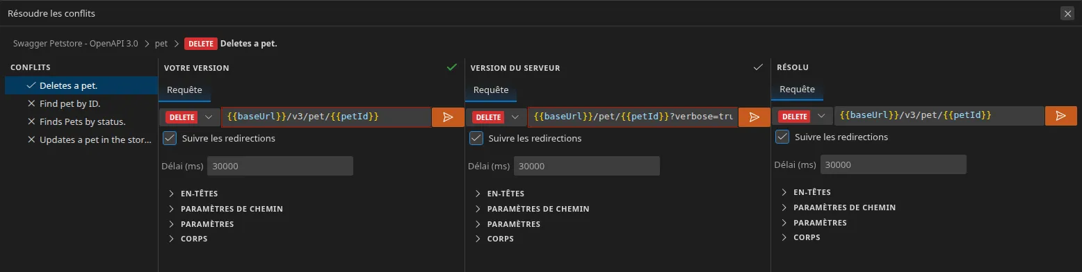 La vue de résolution de conflit à quatre panneaux : la liste des conflits à gauche, votre version, la version du serveur — les URL qui divergent sont encadrées en rouge — et le panneau « Résolu » rempli après avoir retenu votre version.