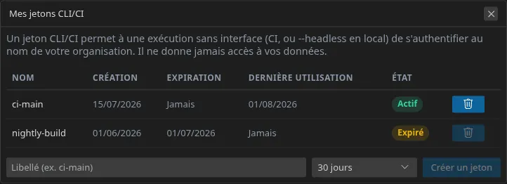 La modale « Mes jetons CLI/CI » : la liste des jetons avec leur date de création, leur expiration et leur état, puis le champ de libellé, le choix de durée de vie et le bouton de création