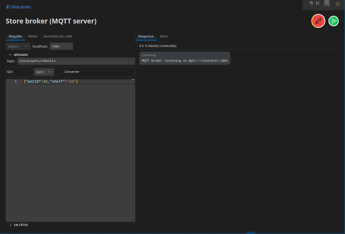 Un élément Serveur MQTT en écoute : le port du courtier, le sujet et la QoS, l'état « 0 client(s) connecté(s) » et le message MQTT broker listening on mqtt://localhost:1884
